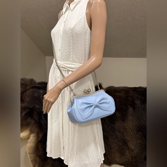 Blue Togo Cowhide Leather Handmade Large Bow Kisslock Bag With 3 Strap Styles - Picture 8 of 16